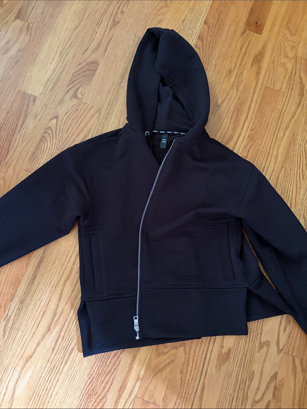 DKNYC Black Hooded Ribbed Bomber Jacket